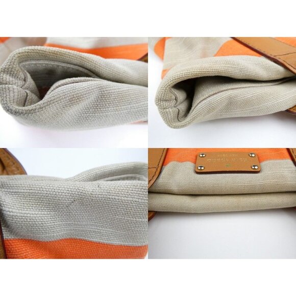 Kate Spade New York Orange & Khaki Striped Canvas Tote Bag With Leather Handles - Picture 14 of 15